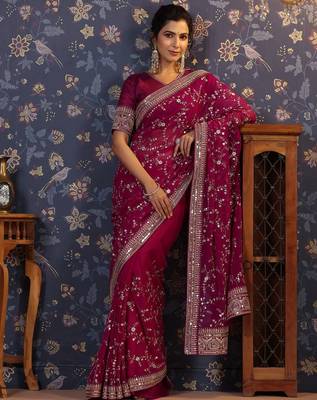 Burgundy embroidered saree with blouse piece 1