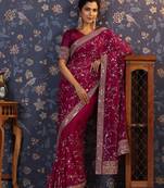 Burgundy embroidered saree with blouse piece