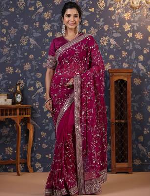 Burgundy embroidered saree with blouse piece 2
