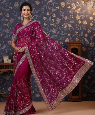 Burgundy embroidered saree with blouse piece 3
