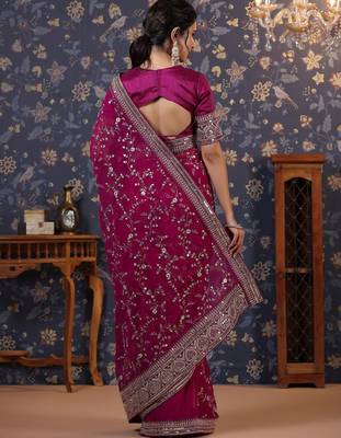 Burgundy embroidered saree with blouse piece 4