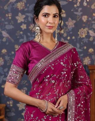 Burgundy embroidered saree with blouse piece 5