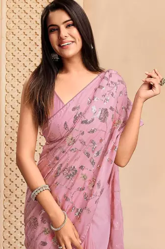 Mauve sequence embroidered designer saree with blouse