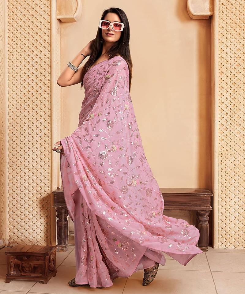 Mauve sequence embroidered designer saree with blouse