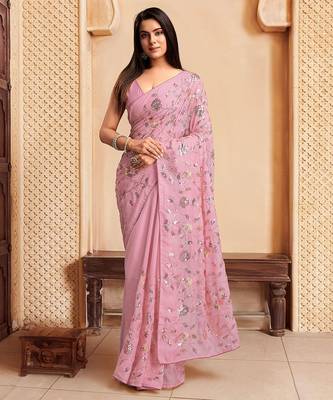 Mauve sequence embroidered designer saree with blouse 3