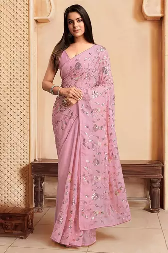 Mauve sequence embroidered designer saree with blouse