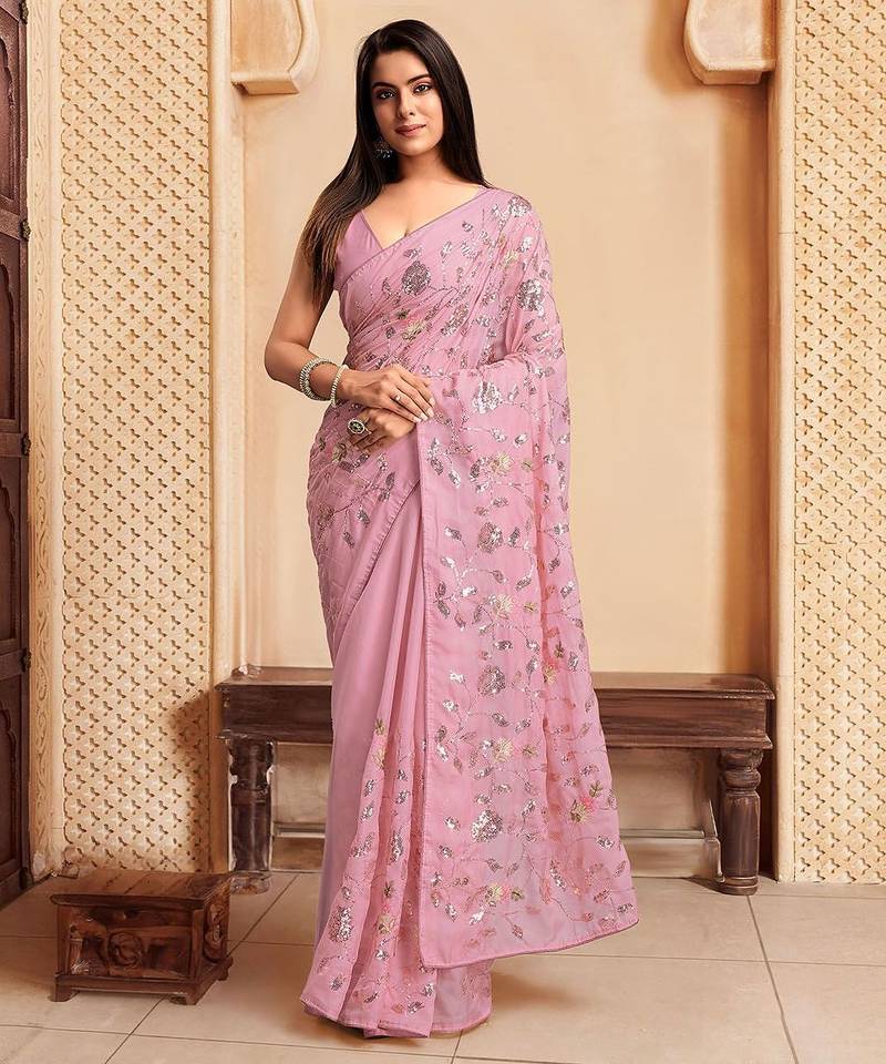 Mauve sequence embroidered designer saree with blouse