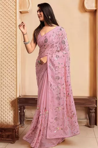 Mauve sequence embroidered designer saree with blouse