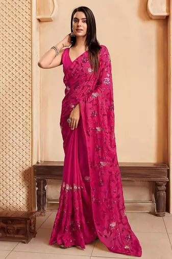 Pink sequence embroidered designer saree with blouse