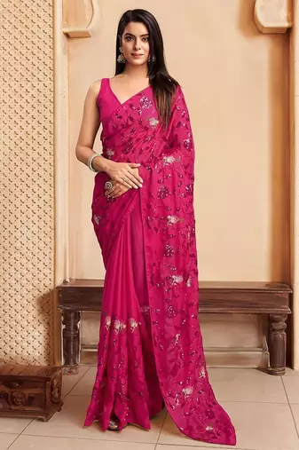 Pink sequence embroidered designer saree with blouse