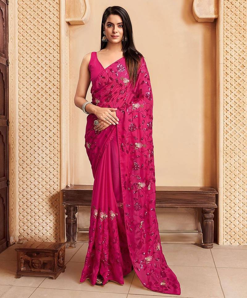Pink sequence embroidered designer saree with blouse