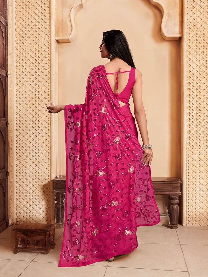 Pink sequence embroidered designer saree with blouse