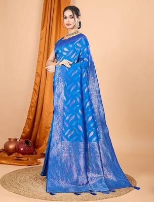 Blue ethnic motifs woven design zari art silk banarasi saree 2