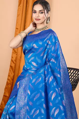 Blue ethnic motifs woven design zari art silk banarasi saree