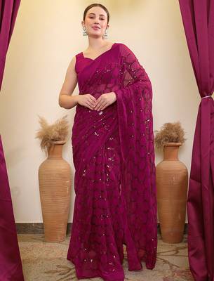Purple sequence embroidered saree with blouse 1