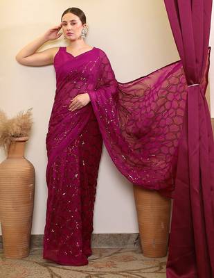 Purple sequence embroidered saree with blouse 2