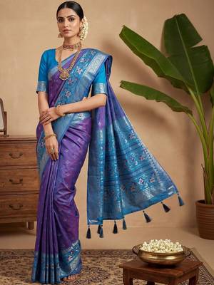 Purple woven design pochampally blouse piece & sarees 1