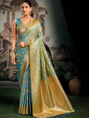 Turquoise woven design zari art silk banarasi saree 1