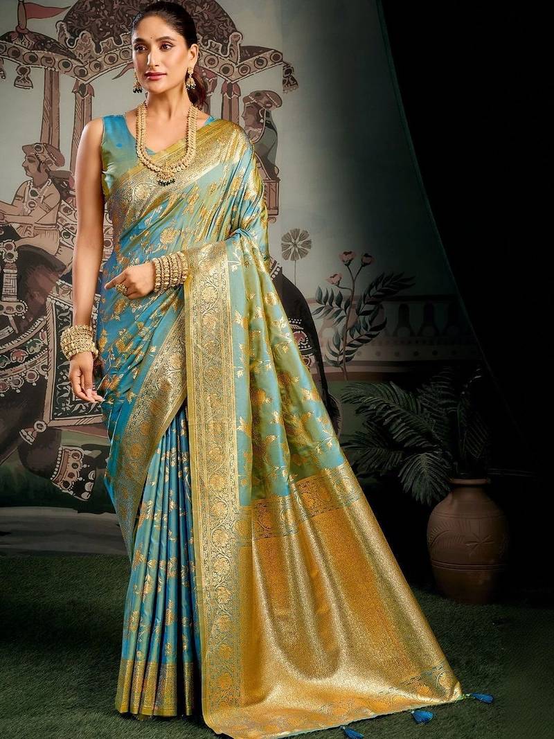 Turquoise woven design zari art silk banarasi saree
