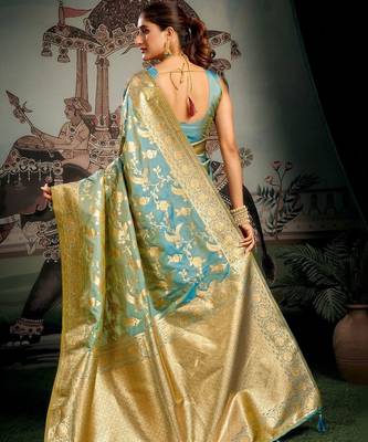 Turquoise woven design zari art silk banarasi saree 2