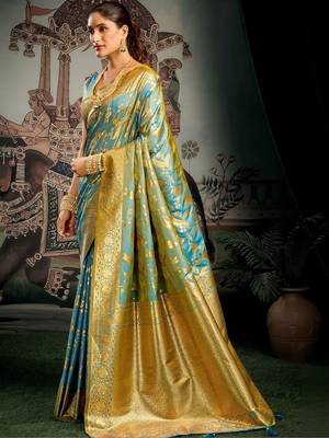 Turquoise woven design zari art silk banarasi saree 3