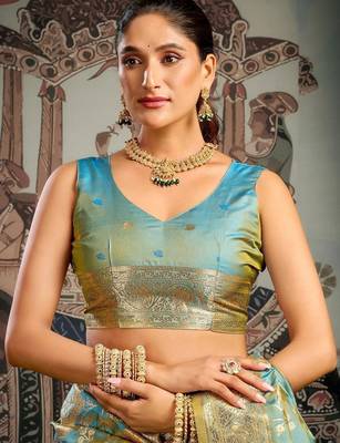Turquoise woven design zari art silk banarasi saree 5