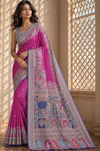 Pink printed banarasi sarees with blouse piece