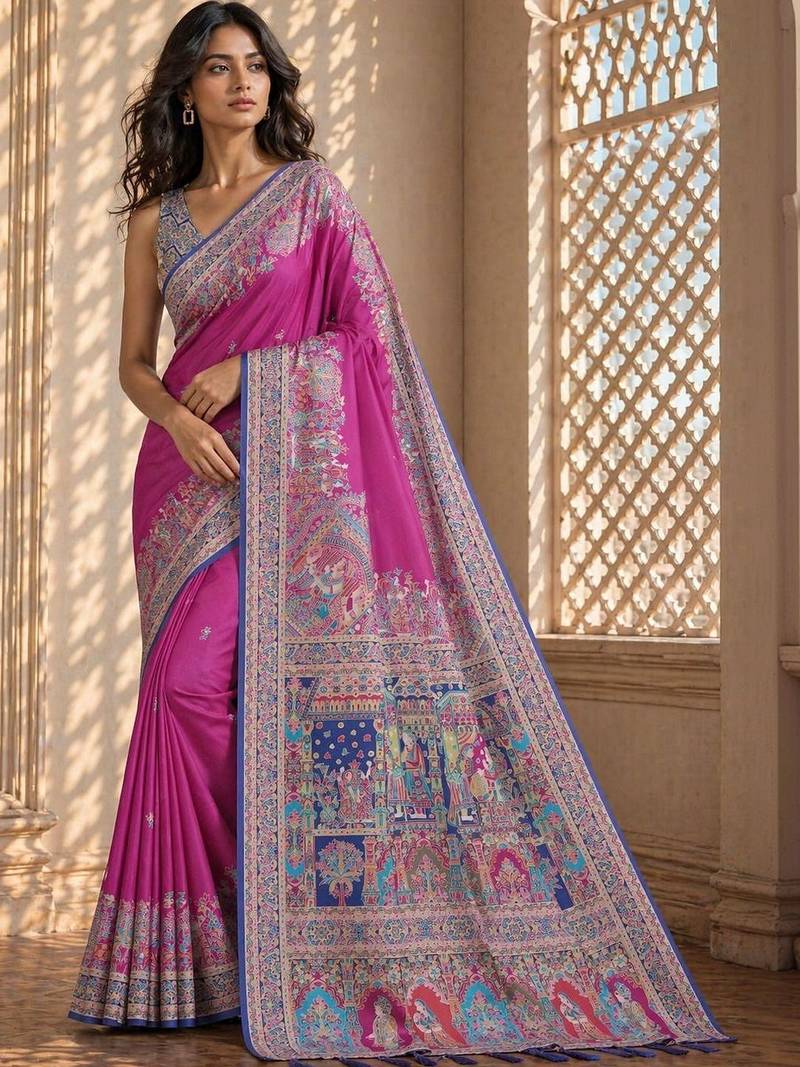 Pink printed banarasi sarees with blouse piece