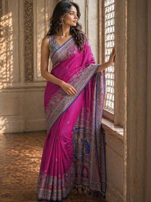 Pink printed banarasi sarees with blouse piece 2