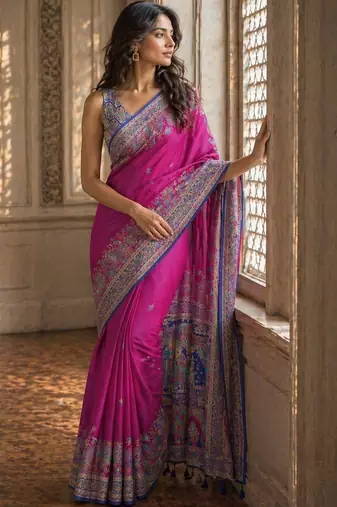 Pink printed banarasi sarees with blouse piece