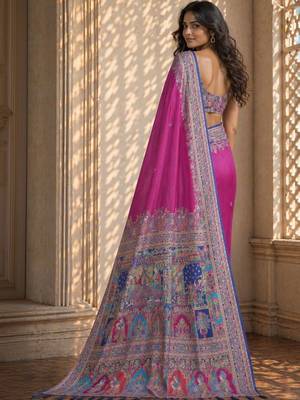Pink printed banarasi sarees with blouse piece 3