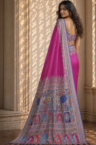 Pink printed banarasi sarees with blouse piece