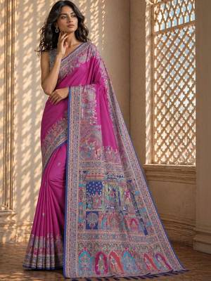 Pink printed banarasi sarees with blouse piece 4