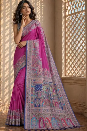 Pink printed banarasi sarees with blouse piece