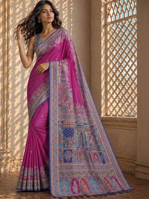Pink printed banarasi sarees with blouse piece 5