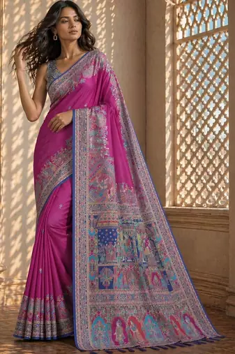 Pink printed banarasi sarees with blouse piece