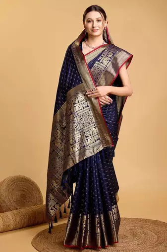 Blue woven designart silk kanjivaram saree with blouse piece