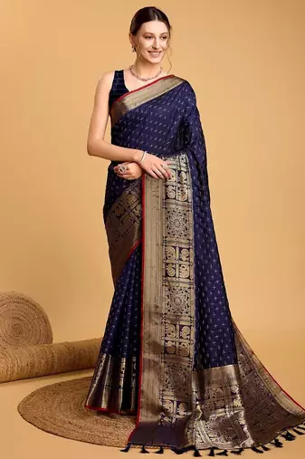 Blue woven designart silk kanjivaram saree with blouse piece