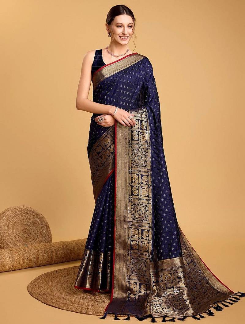 Blue woven designart silk kanjivaram saree with blouse piece