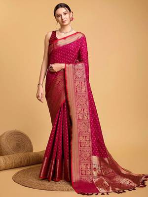 Pink woven design kanjeevaram zari saree with unstitched blouse piece 1