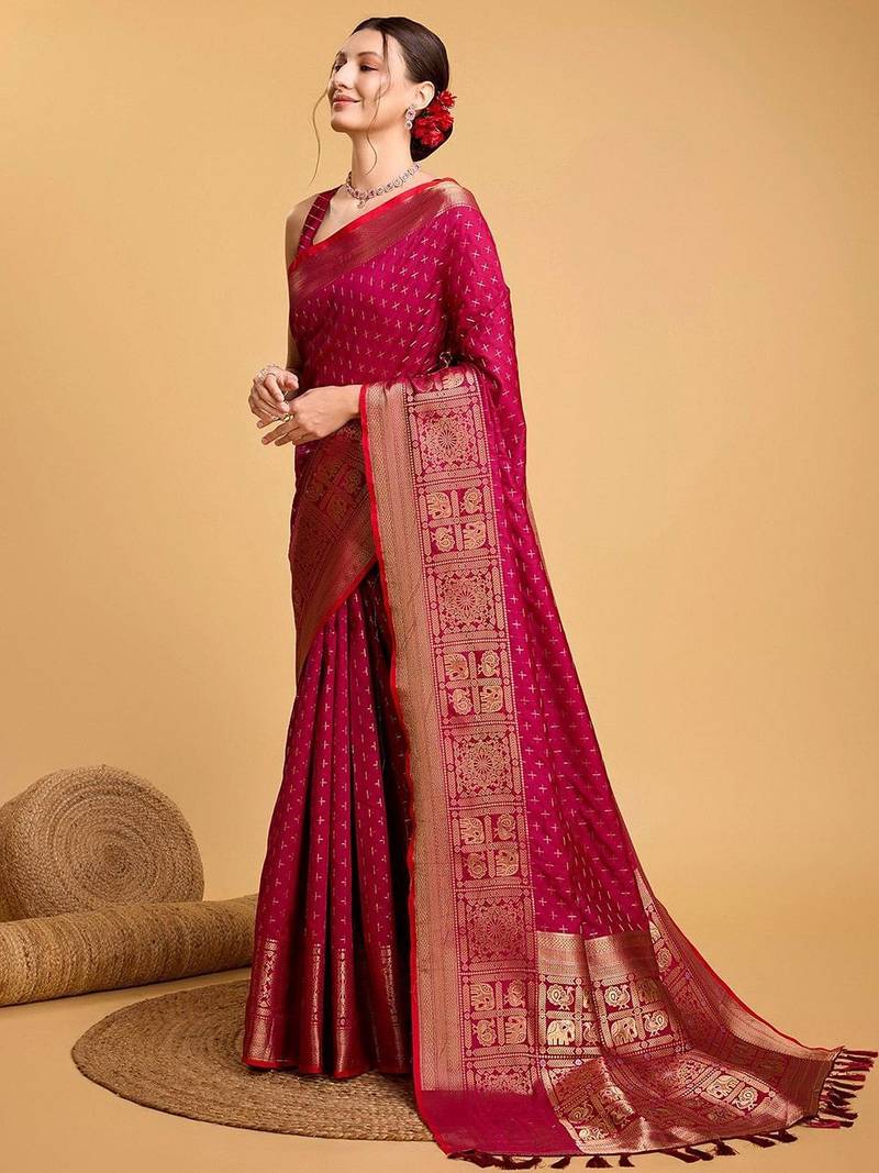 Pink woven design kanjeevaram zari saree with unstitched blouse piece