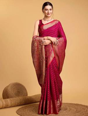 Pink woven design kanjeevaram zari saree with unstitched blouse piece 4