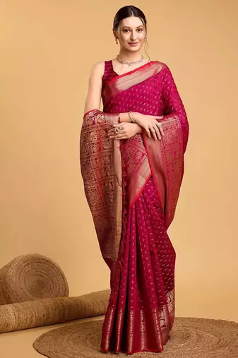 Pink woven design kanjeevaram zari saree with unstitched blouse piece