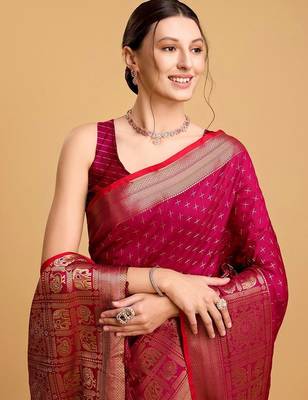 Pink woven design kanjeevaram zari saree with unstitched blouse piece 5