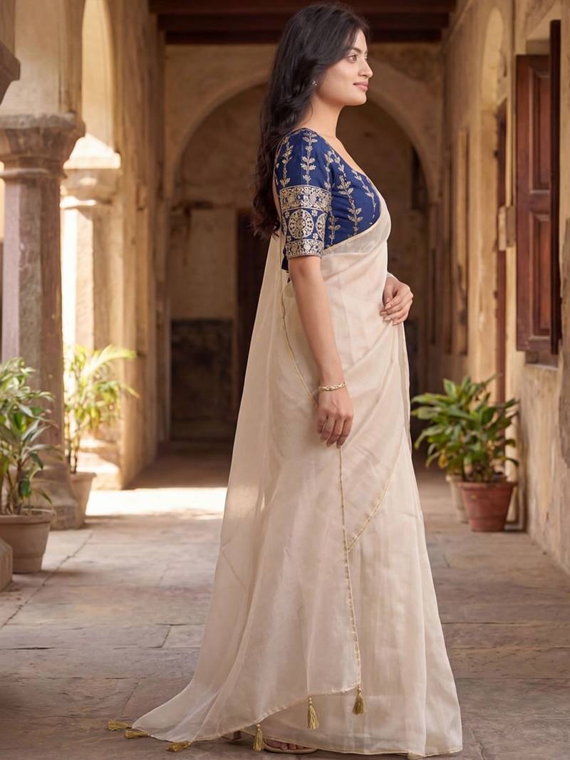 Off white saree with embroidered blouse