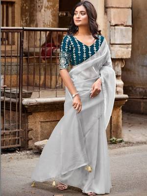Grey saree with embroidered blouse 1