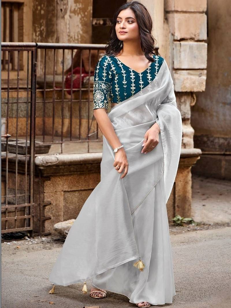 Grey saree with embroidered blouse