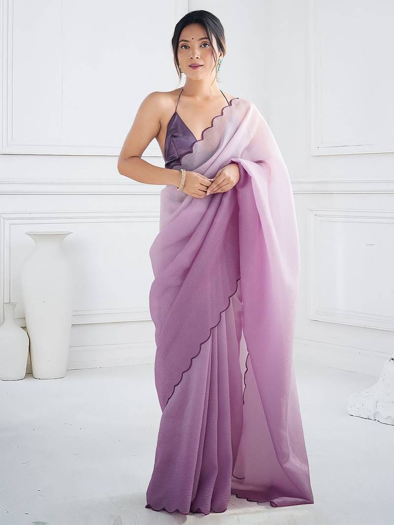 Lavender embroidered border saree with matching blouse piece