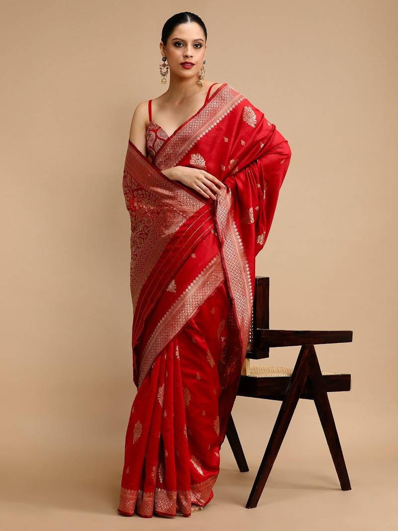 Red woven design banarasi saree with unstitched blouse