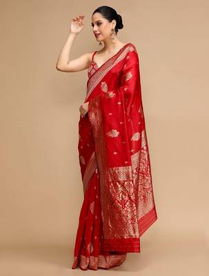 Red woven design banarasi saree with unstitched blouse 3